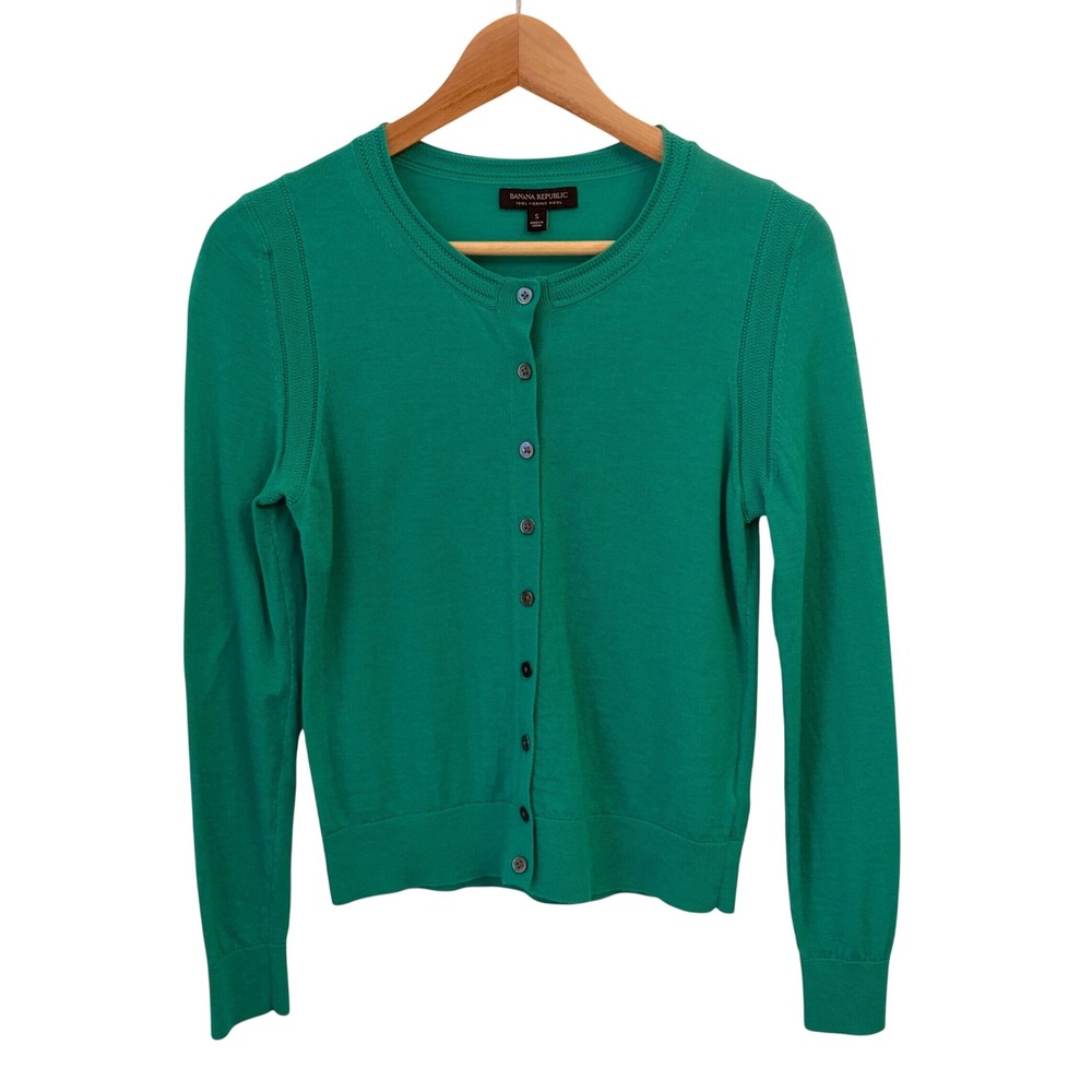 Banana Republic Cardigan S Extra Fine Merino Wool Crewneck Button Kelly Green
